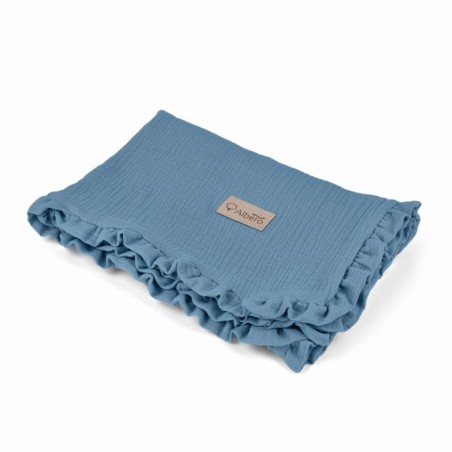 ALBERO MIO Kocyk dla niemowlaka z falbanką niebieski muślinowy