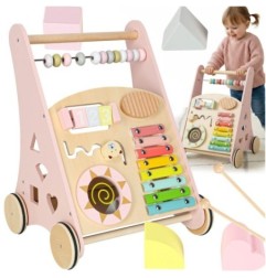 Pchacz dla dziecka chodzik drewniany z liczydłem różowy