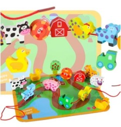 Klocki drewniane do nawlekania tablica plansza farma zwierzęta