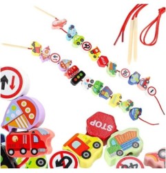 Klocki drewniane do nawlekania pojazdy znaki drogowe