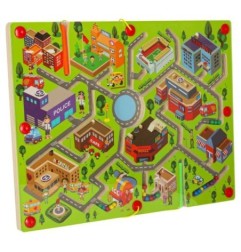 Gra labirynt magnetyczna planszowa drewniana do podróży duże miasto 2 graczy