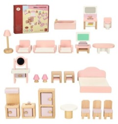 Mebelki do domku dla lalek salon sypialnia łazienka kuchnia drewniane różowe