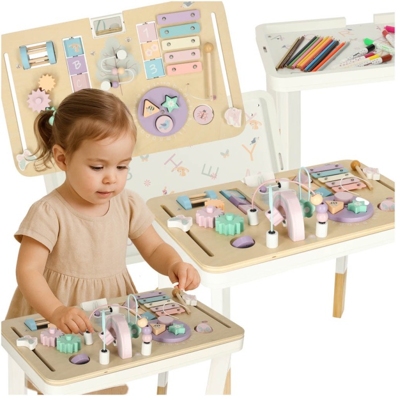 Tablica manipulacyjna LULILO LUDO stolik drewniany sensoryczny 2w1 różowy Tablica manipulacyjna LULILO LUDO stolik drewniany sensoryczny 2w1 różowy