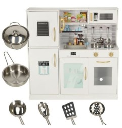 Kuchnia dla dzieci drewniana  z lodówką listą zakupów światło LED + akcesoria garnki sztućce duża 80cm