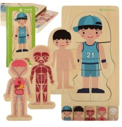 Puzzle drewniane warstwowe budowa ciała montessori chłopiec