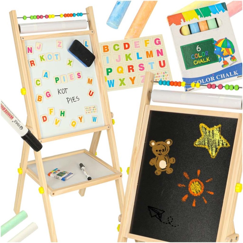 Tablica magnetyczna kredowa dwustronna drewniana literki kreda 38x37x90cm